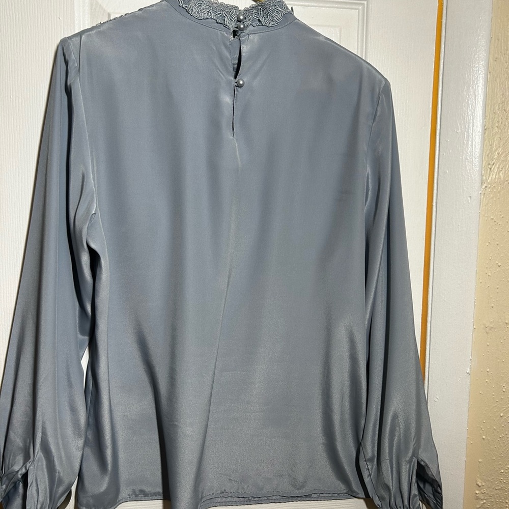 Victorian Style Sz 12Prairie Blouse Gray Lace Yoke High Neck Long Sleeve - Picture 12 of 15